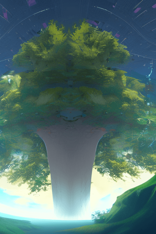AI generated: a massive sustaiinable tree in the center of the frame with metaverse around it.  Earth life is base...