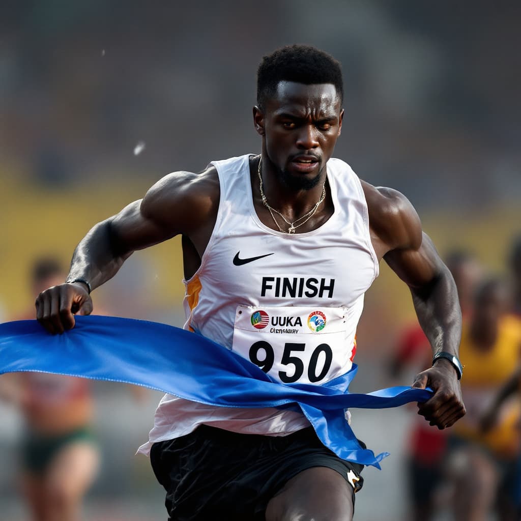 AI generated: a lonely black African  tired runner finishes by tearing the blue finish line tag  with his body, hi...