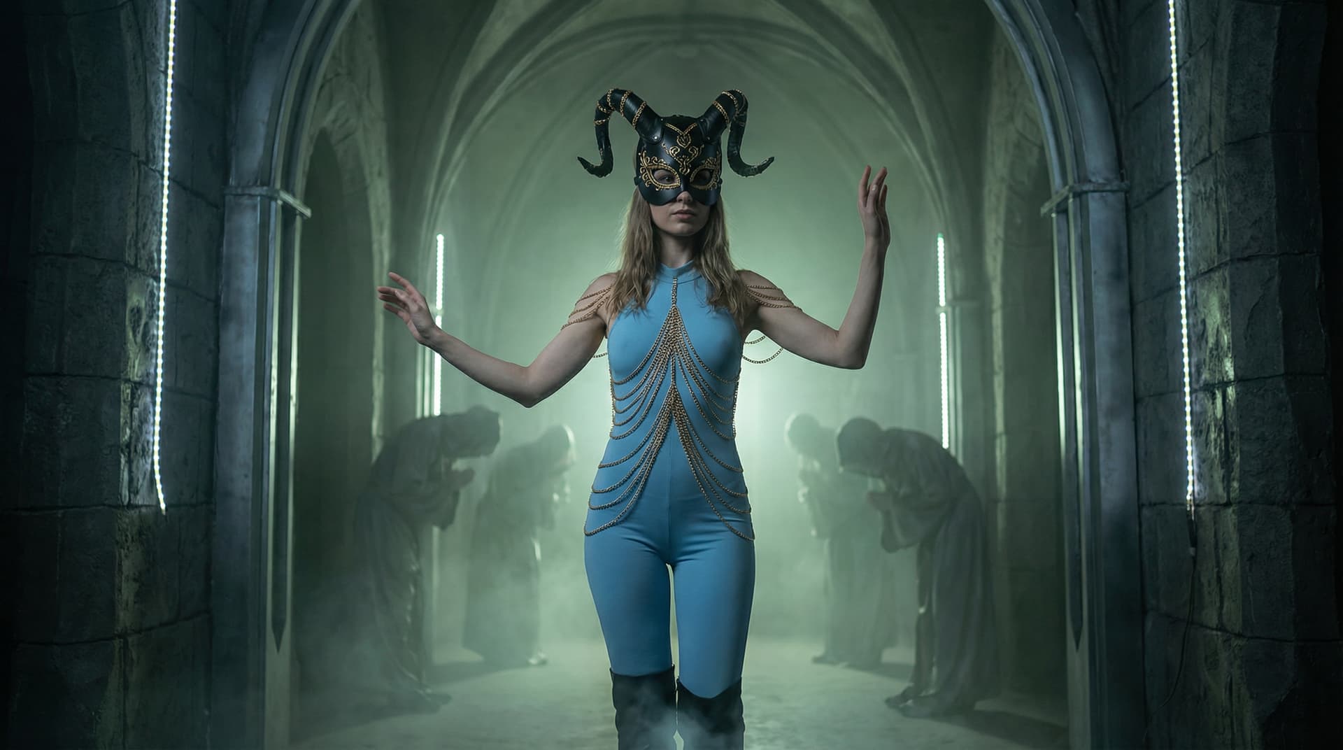AI generated: A hyperrealistic photograph captures A haunting yet commanding figure of feminine allure, she stands...