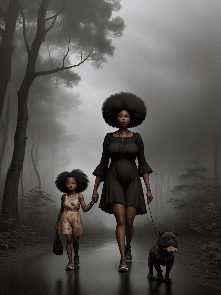 AI generated: black woman and child, walking in the forest, afros, woman in sundress, child in shorts, american bu...