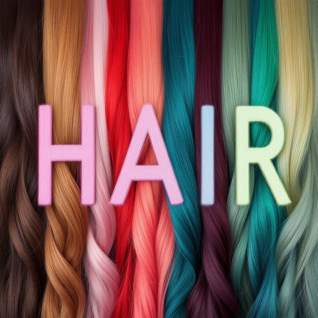 AI generated: HAIR EXTENSIONS OF DIFFERNT COLORS SPELLING OUT THE WORD "HAIR"