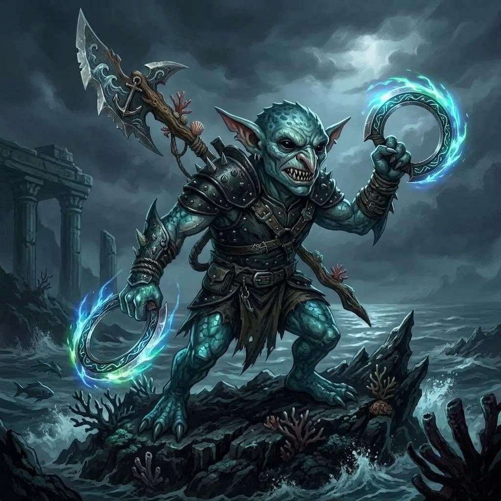 AI generated: a male goblin with blue green scales, has a sea themed halberd on his back , and glowing metal ring ...