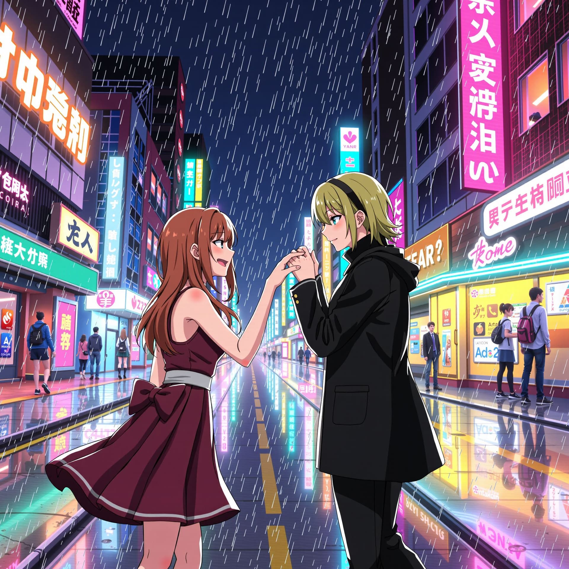 AI generated: "A romance between two women in a cyberpunk city, neon lights reflecting off rainy streets, poetic a...