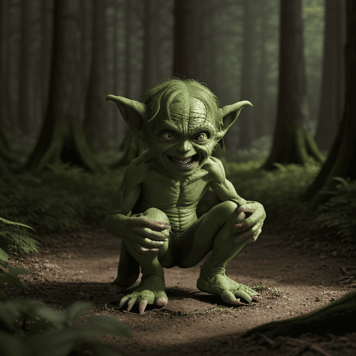 AI generated: a cute little shy green goblin with very big feet in a forest, cinematic light, 4k, photorealistic, ...