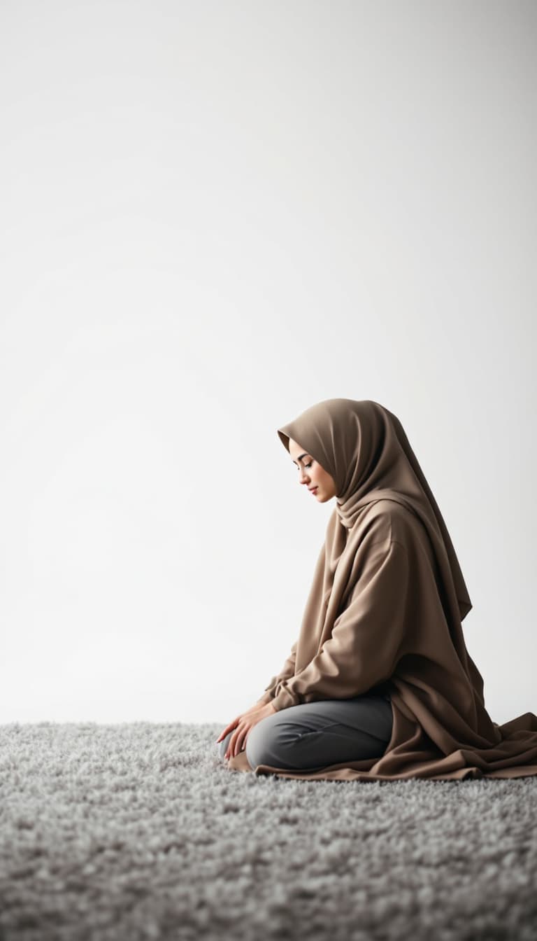 AI generated: modern very real woman in hijab looking at the carpet on the floor white background