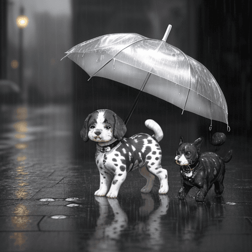 AI generated: A small, black-and-white spotted puppy walks alone in the rain, its fragile body drained as water po...