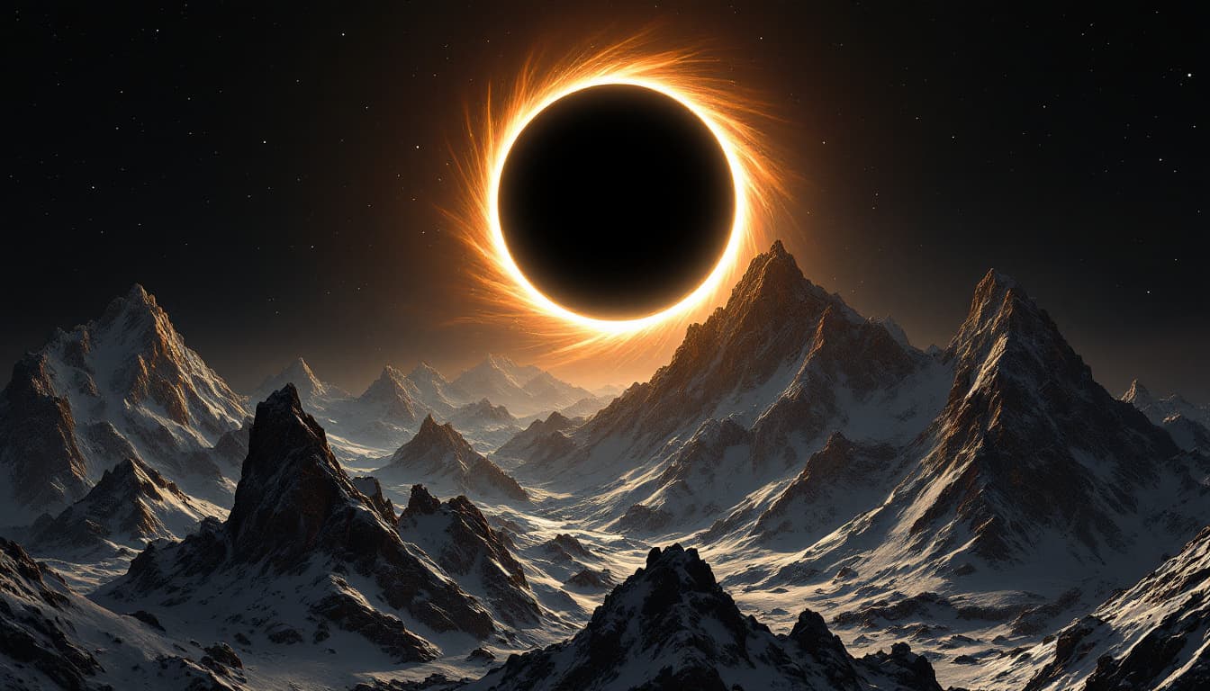 AI generated: A black sun in the sky, atop tall mountains made from chalcedony with orange and white veins, a thin...