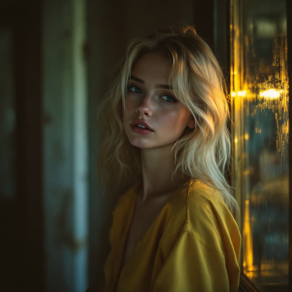 AI generated: blond girl in a yellow shirt is posing, soft, atmospheric lighting , very NSFW 
--chaos 33 --ar 1:2 ...