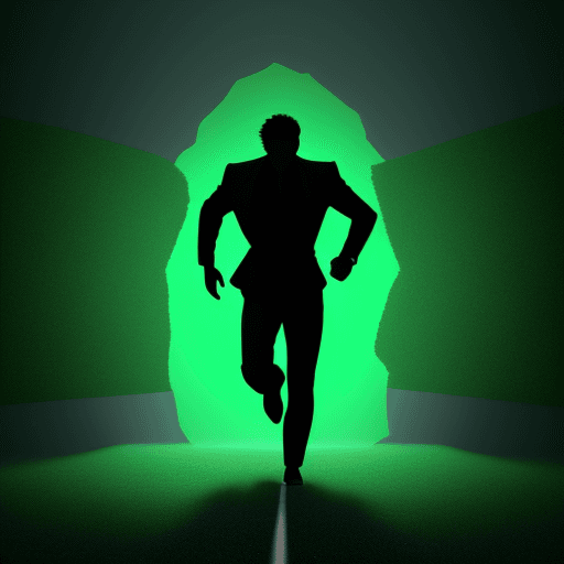 AI generated: "A hyper-realistic scene featuring the silhouette of a man running from left to right, as if escapin...