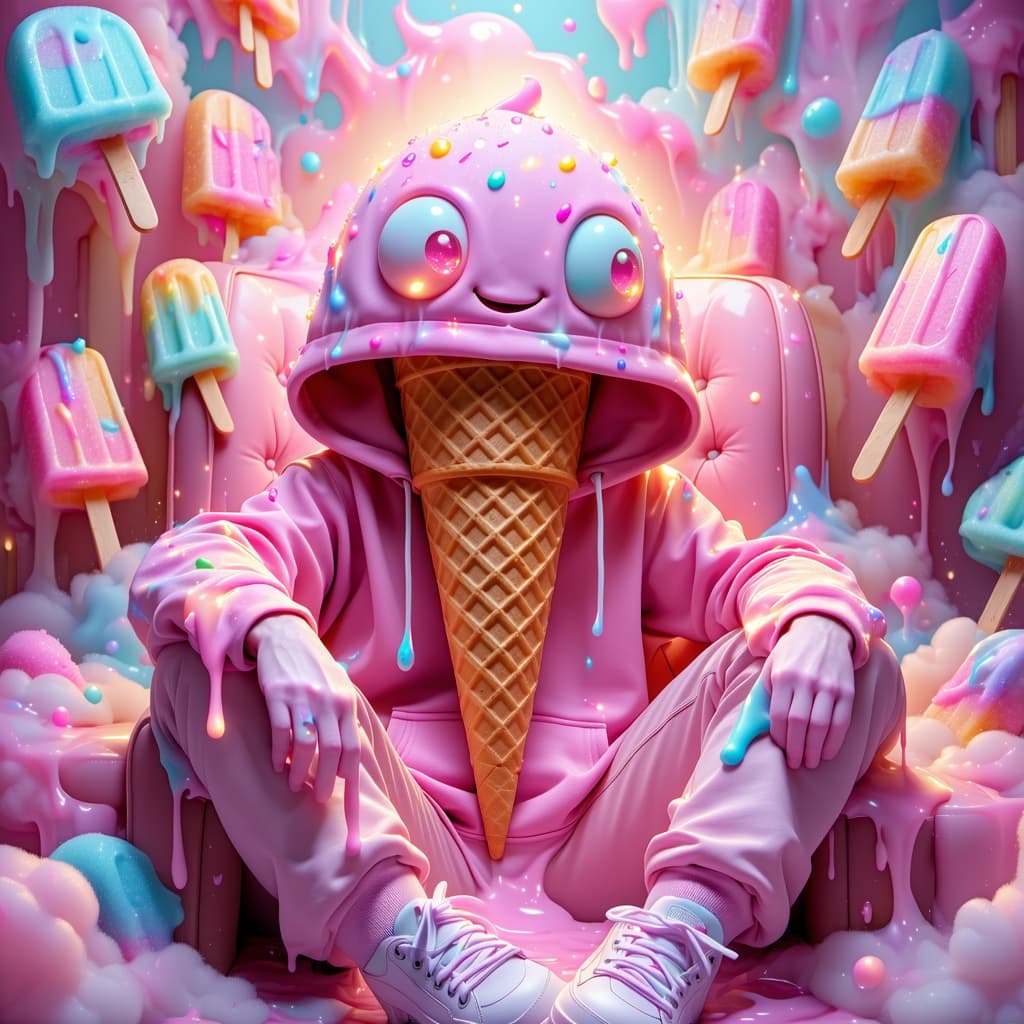 AI generated: Create a surreal, high-definition digital artwork of an anthropomorphic ice-cream cone wearing an ov...