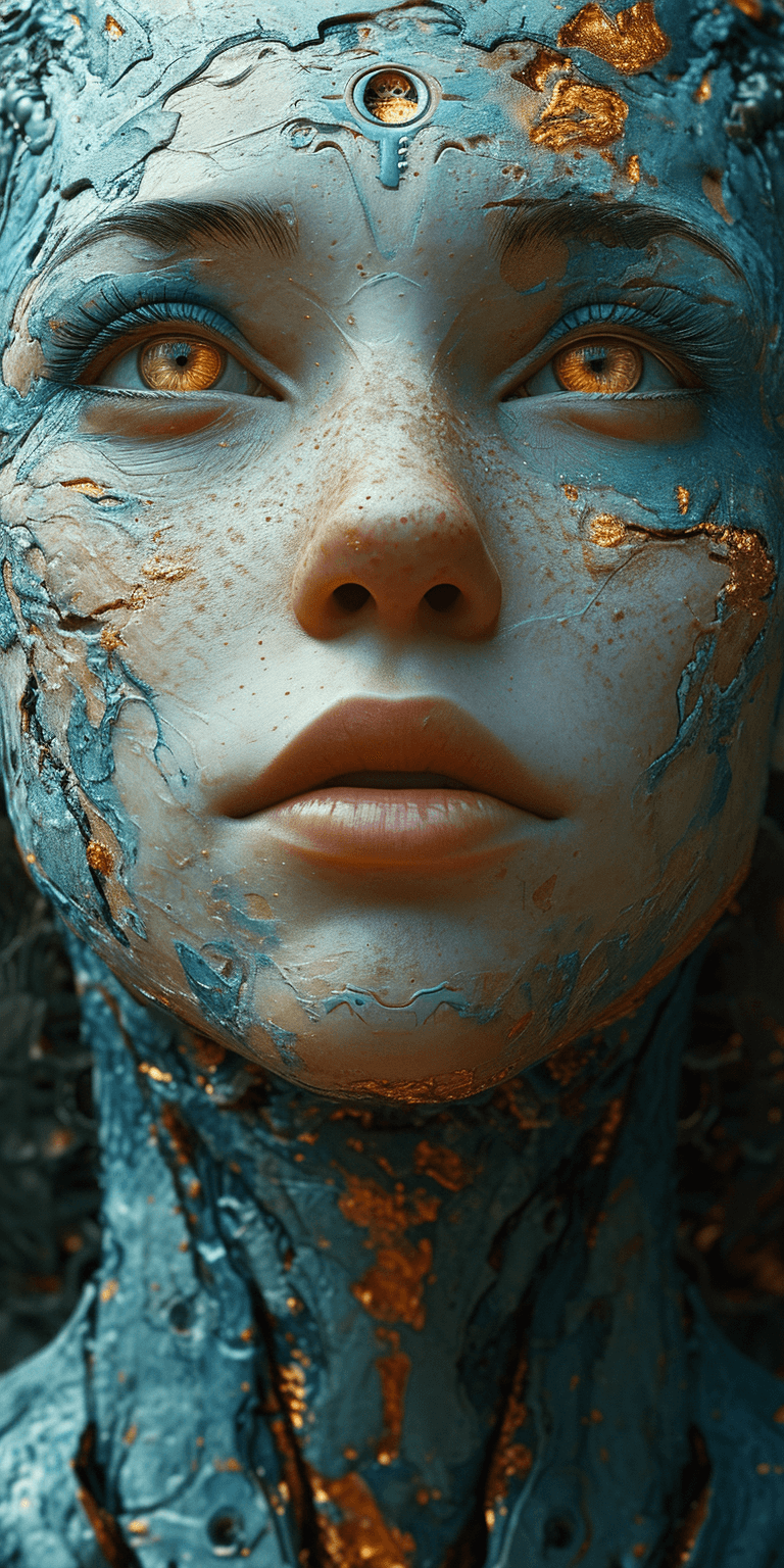 AI generated: alien cyborg art and illustration by theo el, in the style of balanced symmetry, light orange and cy...
