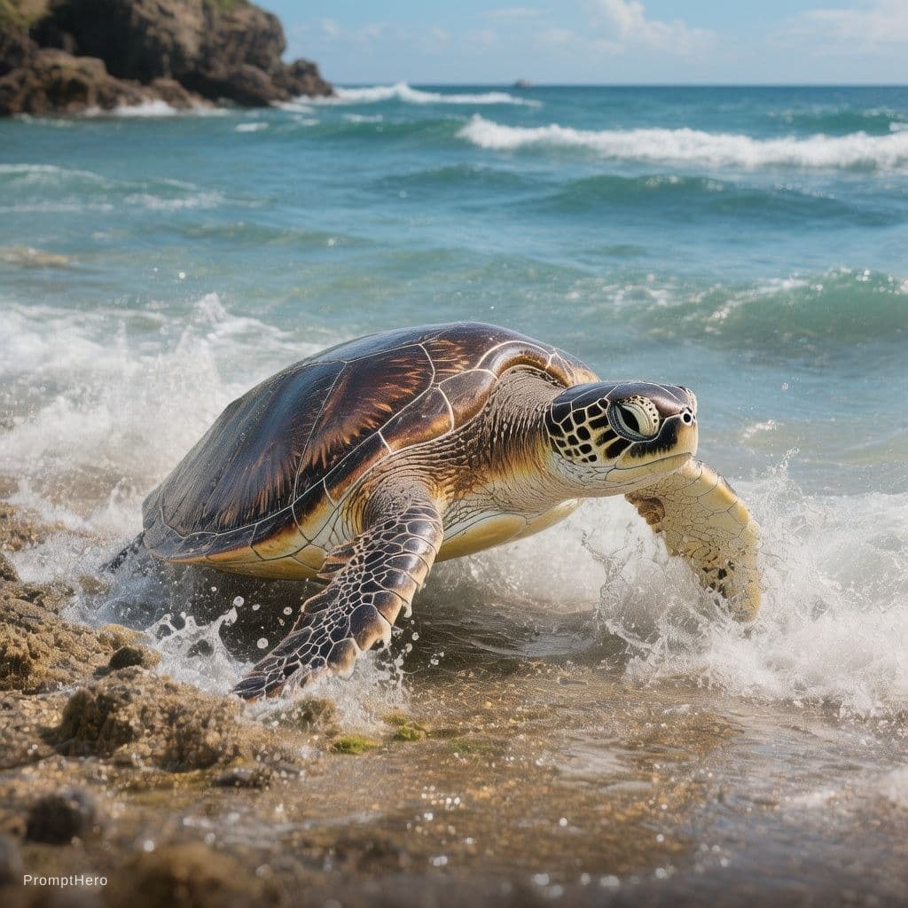 AI generated: a leather back turtle heading towards the ocean