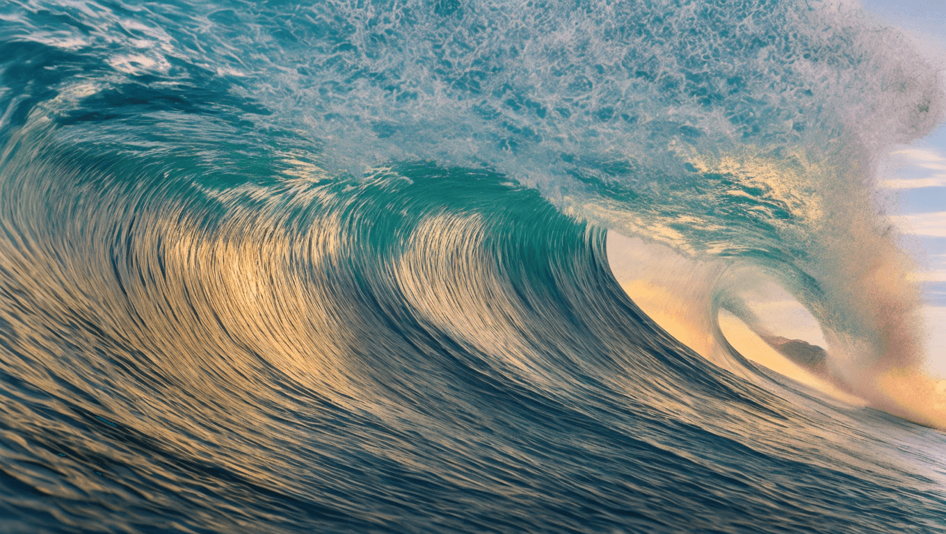 AI generated: panoramic commercial photo of a large surfing ocean wave against a sunrise, hyperrealistic 32K UHD, ...