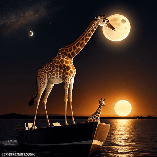 AI generated: giraffe standing on boat looking at the sun at night moon in the background