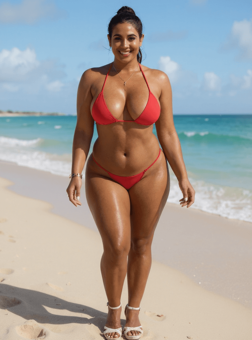 AI generated: create this model to be in beach with red bikini 