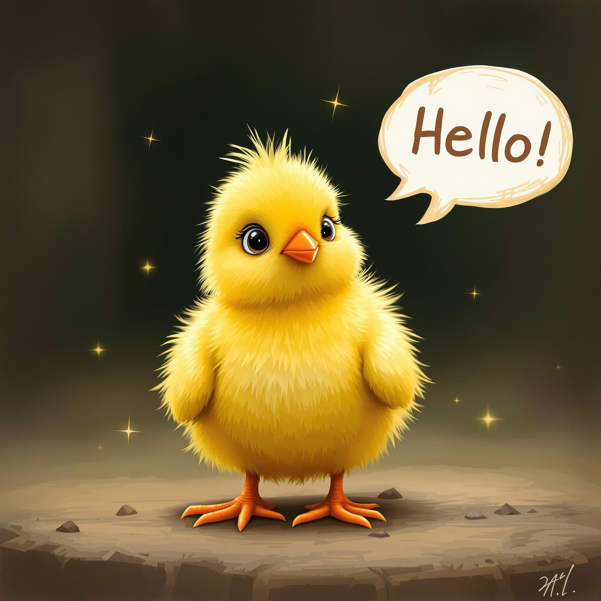 AI generated: Create a pic if a sweet baby yellow chicken that is saying Hello





