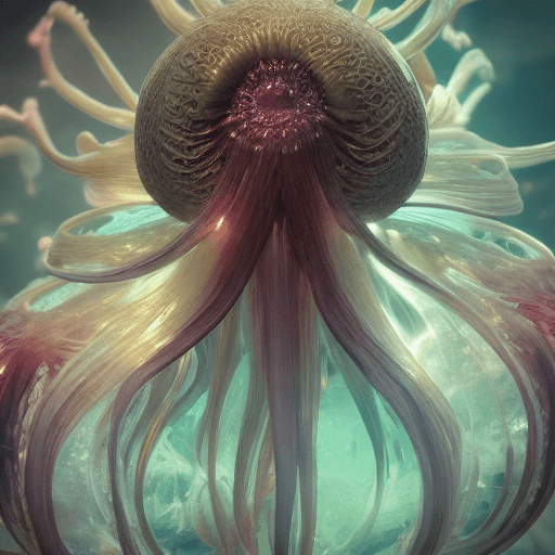 AI generated: Goddess close-up portrait ribcagel. jellyfish phoenix head, nautilus, orchid, skull, betta fish, bio...