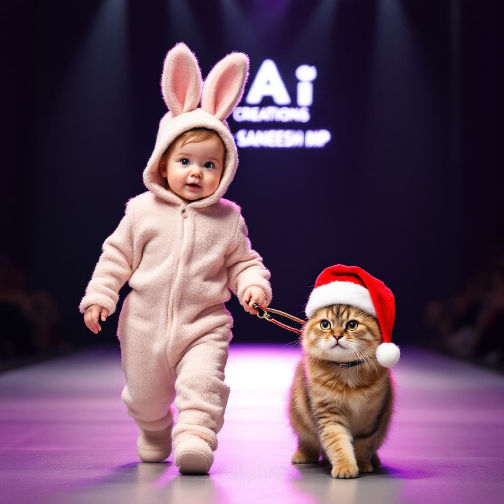 AI generated: A baby dressed in bunny pajamas leads a pet cat on a leash while walking at a Ai creations by SANEES...