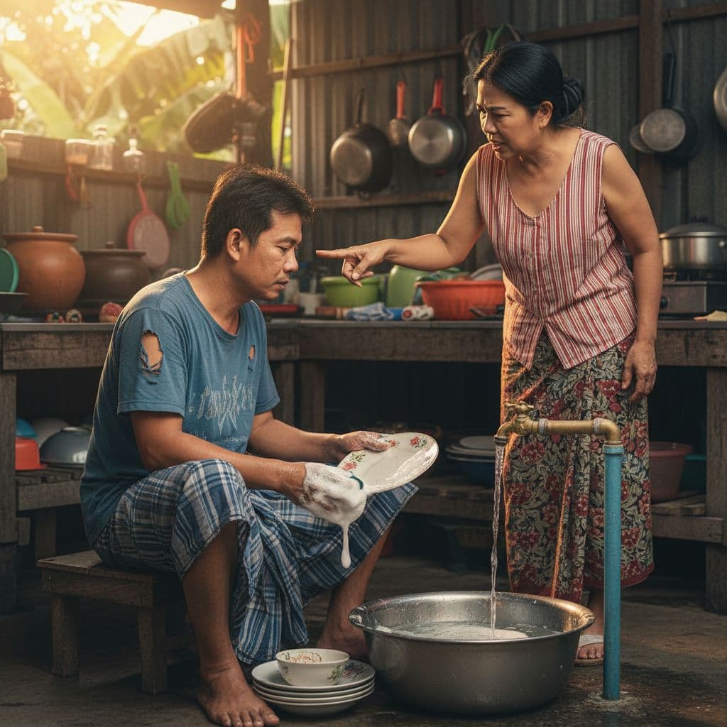 AI generated: สร้างภาพ ให้ผู้ชาย กำลัง นั่งล้างจาน ข้างเขา มีภรรยา กำลังยืนบ่นอยู่ ในมือซ้ายของเขาถือจาน มือขวาถือ...