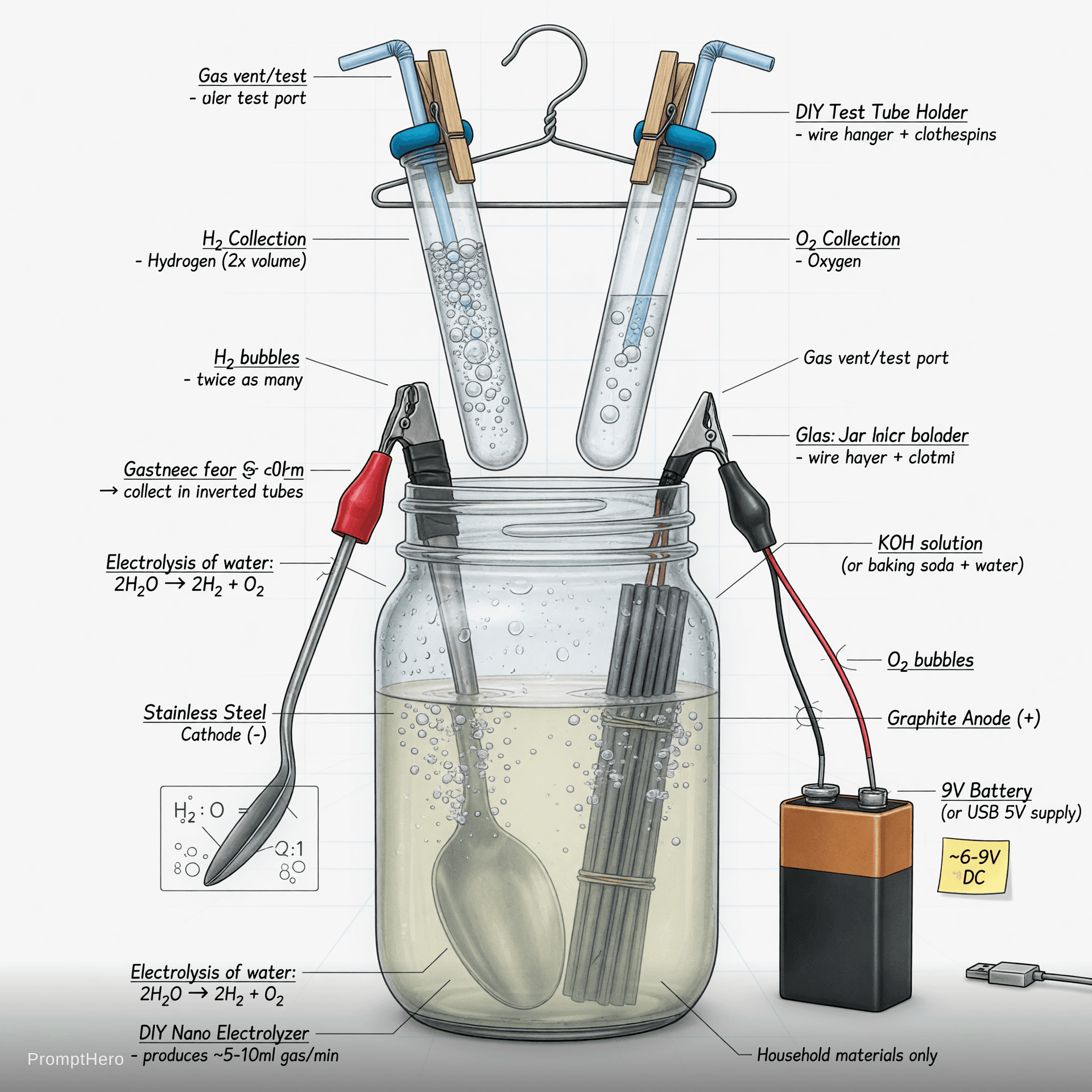 AI generated: Highly detailed technical illustration of a simple DIY nano electrolyzer made from household materia...