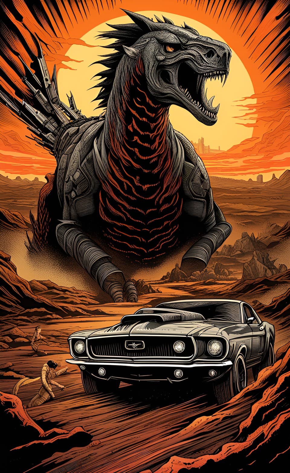 AI generated: A retro Comic style poster, of a post apocalyptic universe, in a prehistoric theme setting, in a pas...