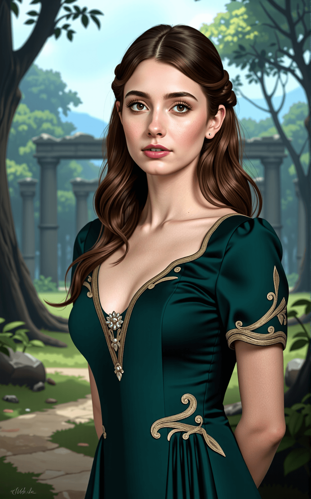 AI generated: A high-fantasy portrait of a young woman blending the recognizable features of Rachel Lane and Aliso...