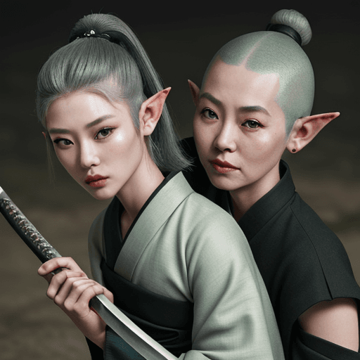 AI generated: samurai woman with elf ears gray skin hair shaved on the sides and thrown to the side old woman hold...