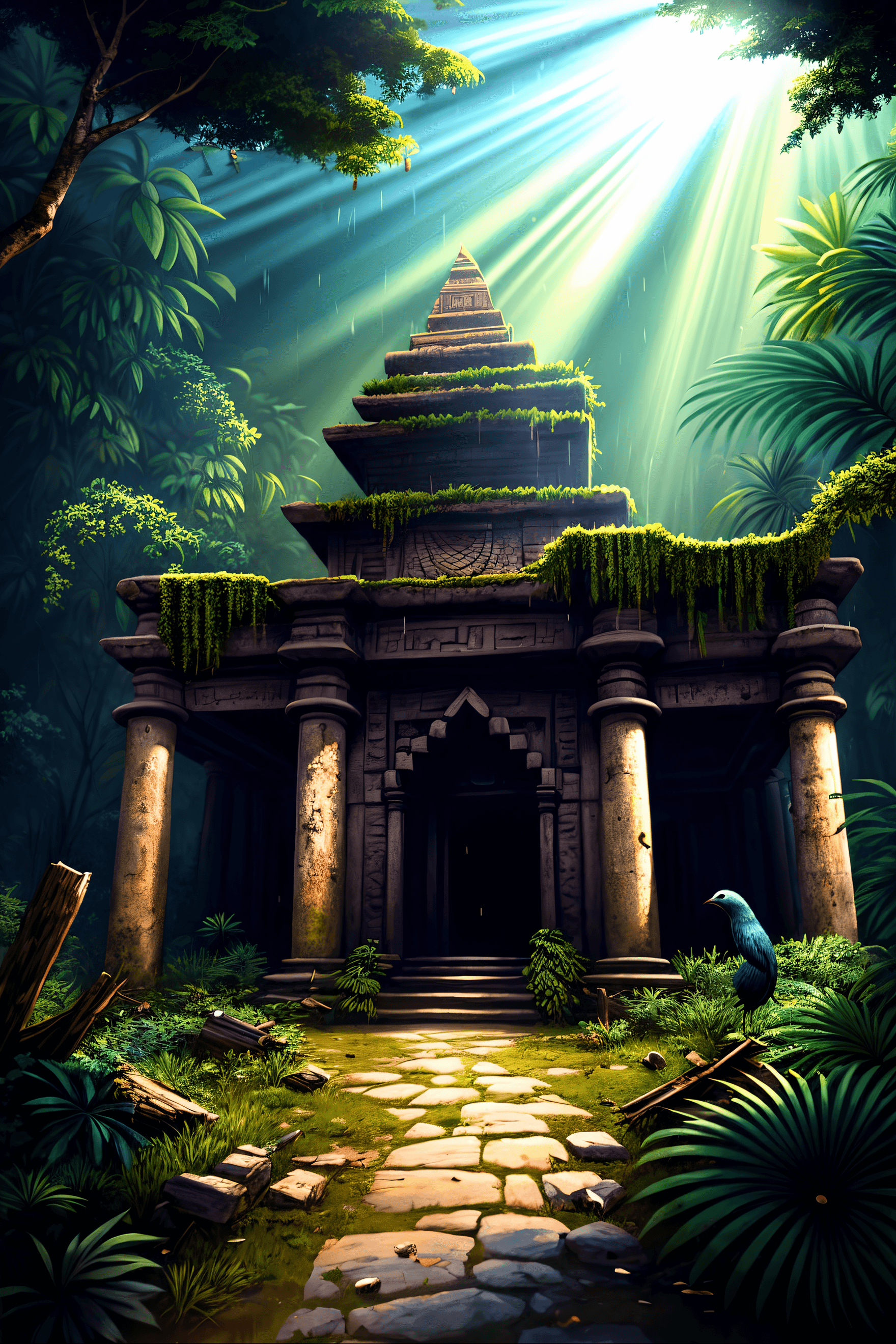 AI generated: (masterpiece Illustration, best quality:1.2) Ruins of a (Lost East Indian Temple:1.1),( Hindu Style:...