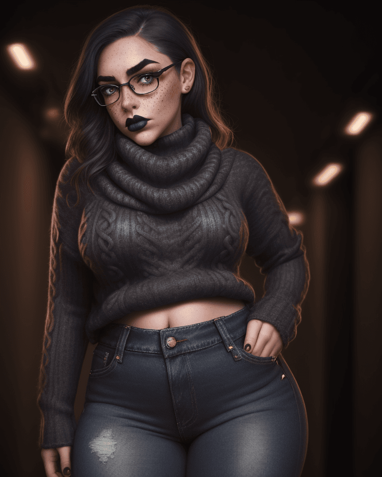 AI generated: a women, pouting, freckles, thick eyebrows, dark lipstick, cowl sweater, jeans, hipster astatic, dra...