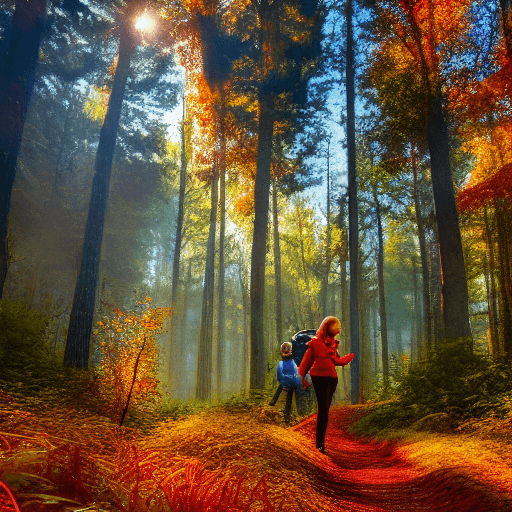 AI generated: Pixar style animation of dreamy forest full of chanterelles in autumn morning, family of hikers in t...