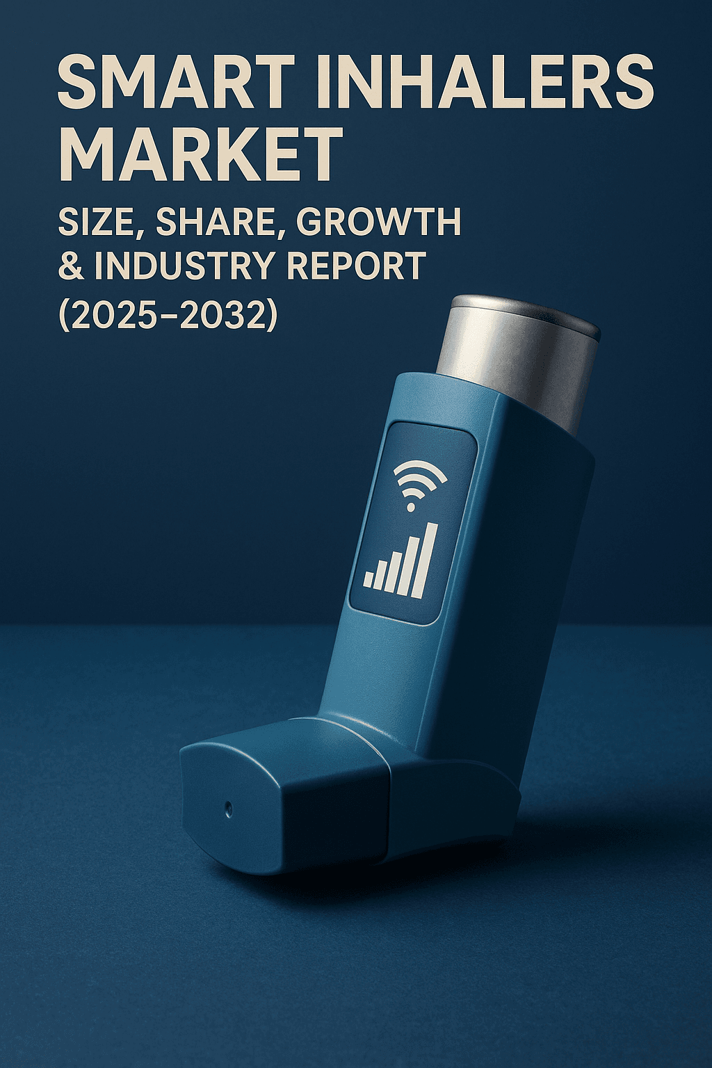 AI generated: A 3D-rendered, futuristic smart inhaler on a sleek glass surface with subtle lighting and blue gradi...