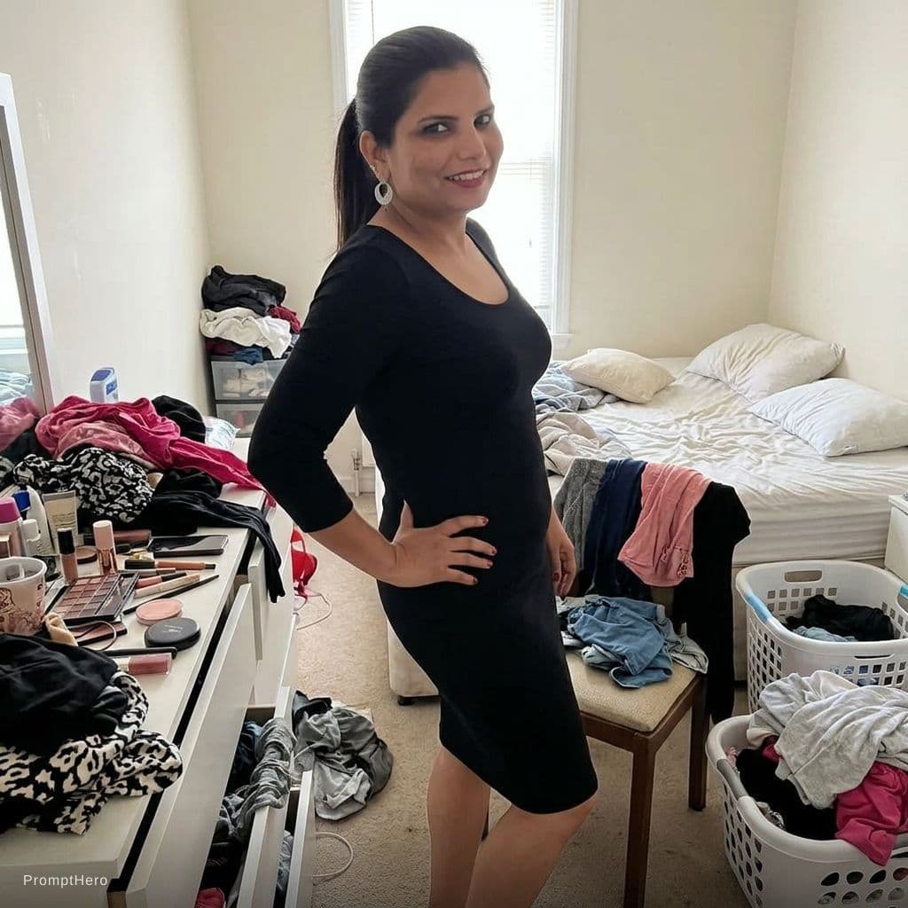 AI generated: teasing, wearing the same bodycon dress, standing seductive pose in a messy bedroom, ponytail hairst...