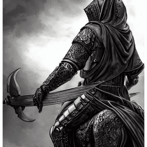AI generated: A hooded knight rides a black stallion holding a scale in his hand, flames from the ground, artwork ...
