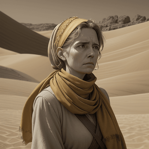 AI generated: a woman wearing a yellow scarf, in the style of biblical drama, light brown and amber, desertwave, a...