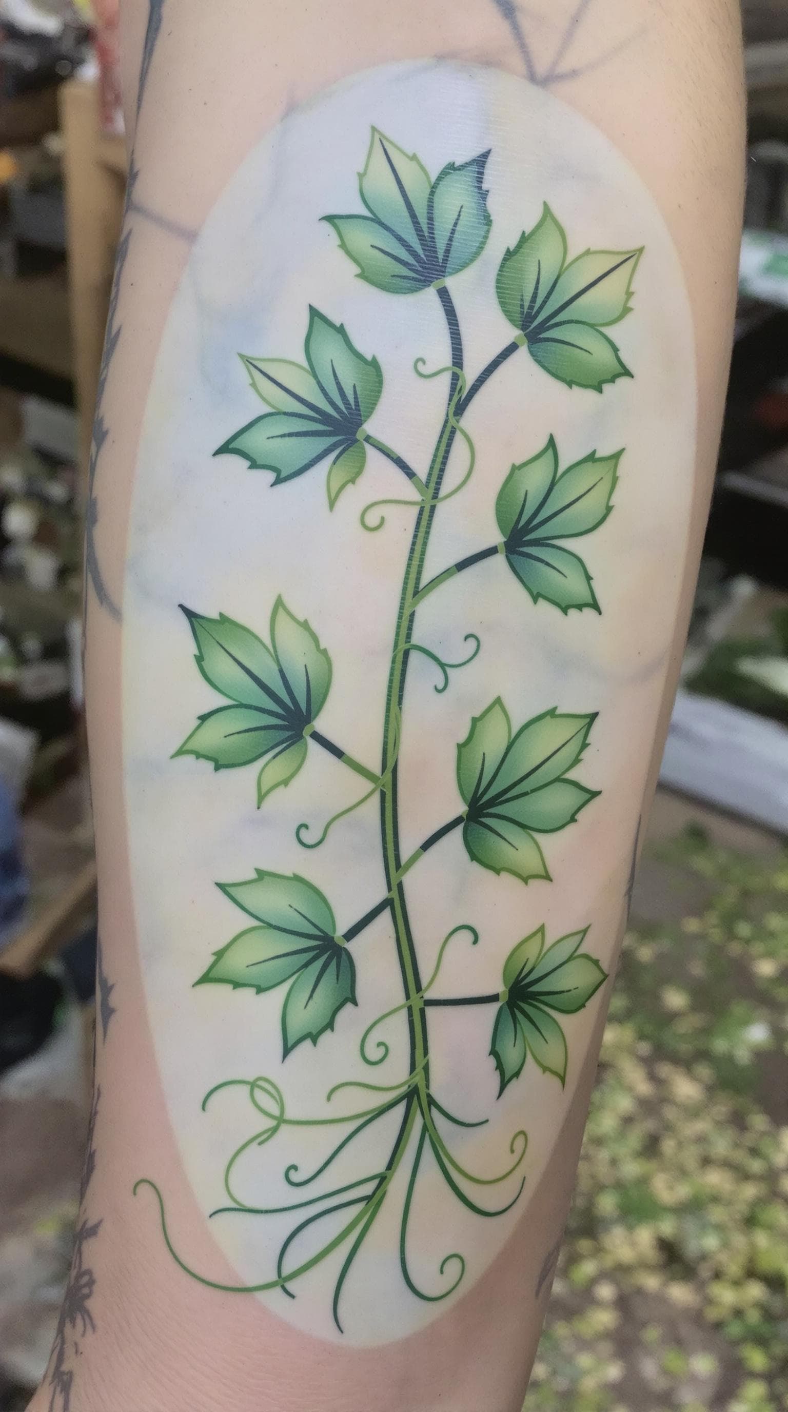 AI generated: 7. **auf Weißer Marmor stein mit grünen Linien und Eichenblättern als Tattoo.**  



  



