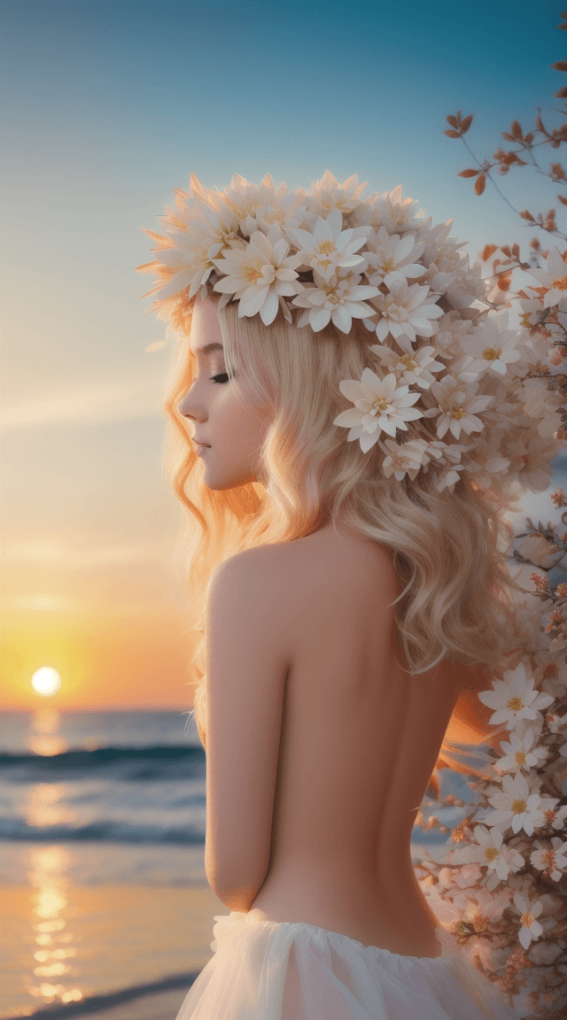 AI generated: close up, character intricate white flower and a glorious sunset, a beautiful wet flower,  close up ...