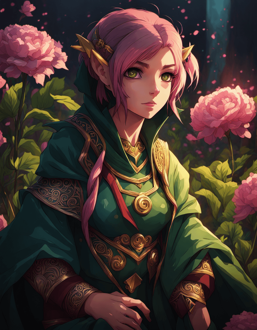 AI generated: oil painting, D&D fantasy, green-skinned-goblin girl, green-skinned-female, small, short pink hair, ...