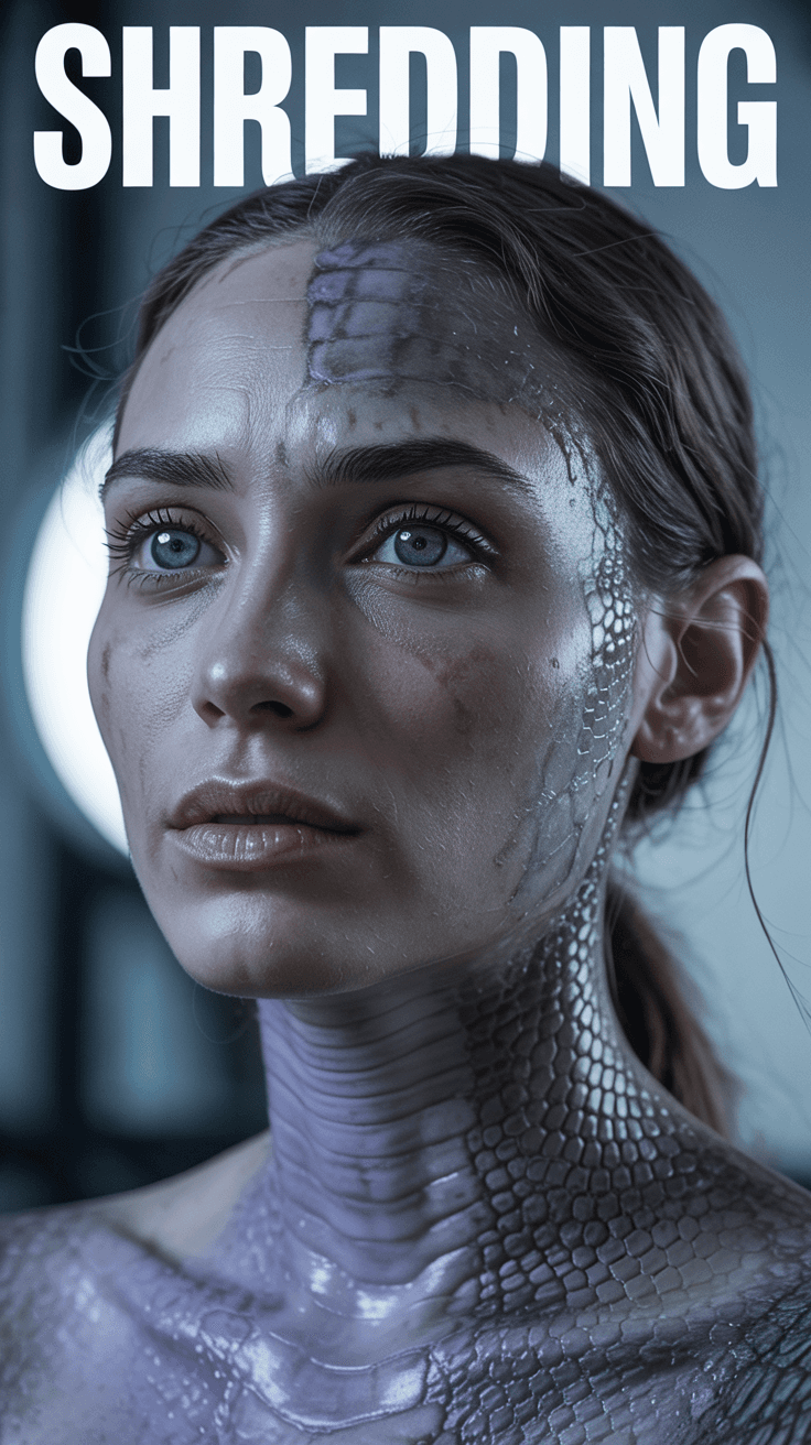 AI generated: Hyperrealistic portrait of a woman with reptilian skin texture on her face and neck, cinematic 85mm ...