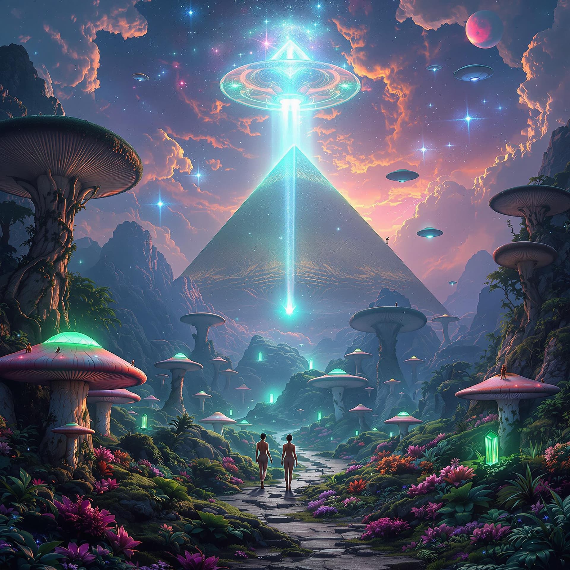 AI generated: Fantasy landscape, dynamic lights, flying saucers, Pyramids, glowing emeralds, nebulas, sunset, 8k p...