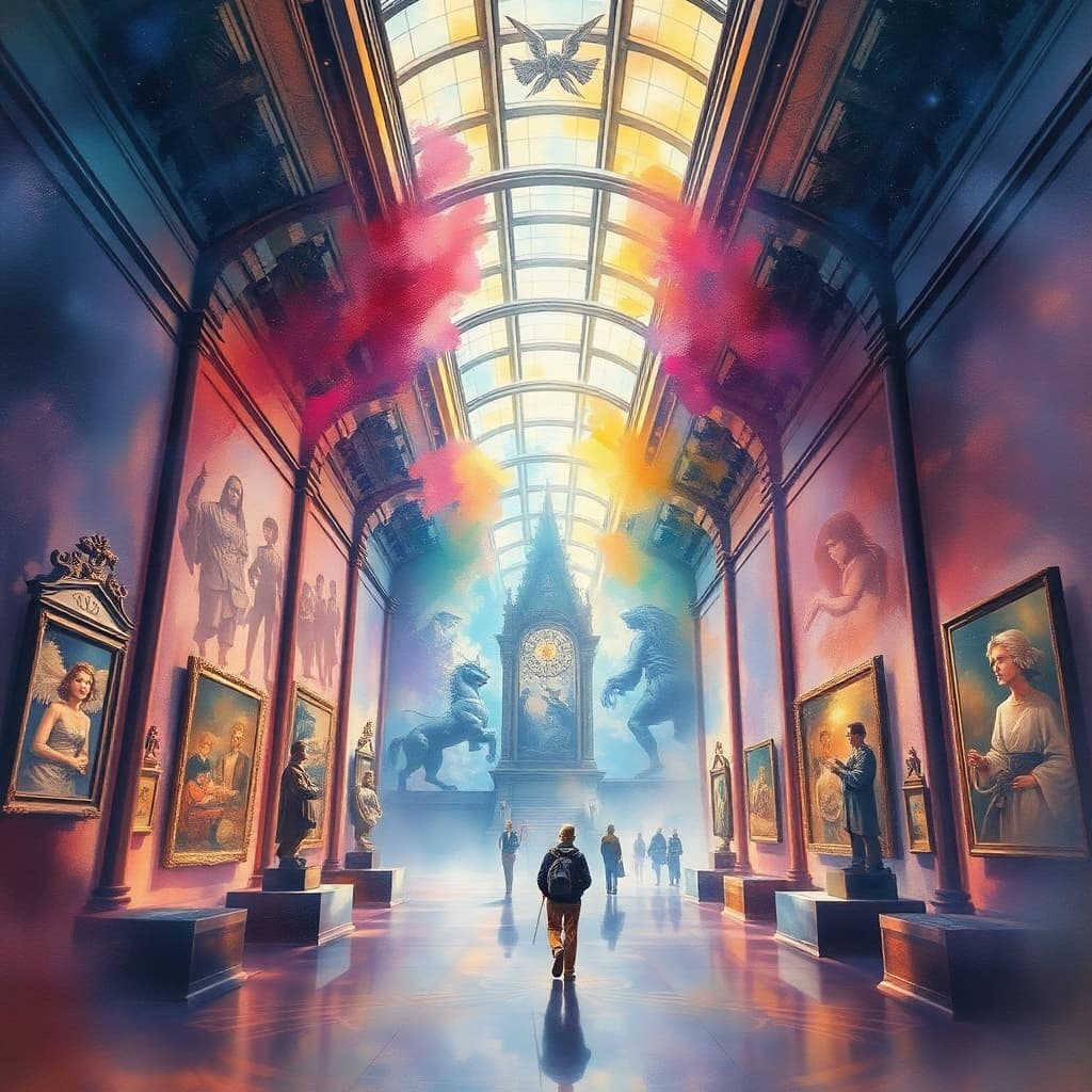 AI generated: Art museum space style fantasy, Watercolor, trending on artstation, sharp focus, studio photo, intri...