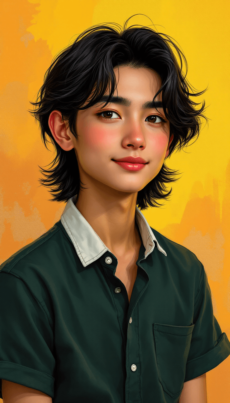AI generated: 

"Create a portrait of a young person with medium-length, slightly wavy black hair, styled casually...
