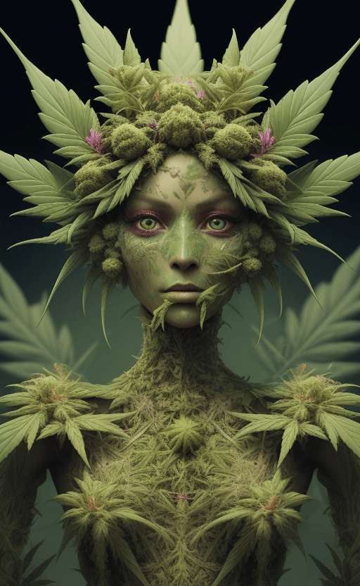 AI generated: high detailed professional upper body photo of android (cannabis) (weed) looking at viewer, unruly f...