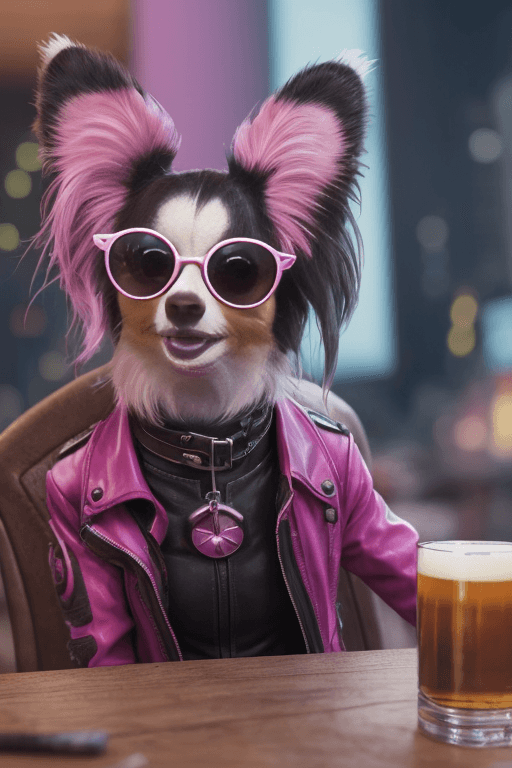 AI generated: cyberpunk(papillon dog)with pink streaks, sitting at a table in a chair, dressed in leather, wearing...