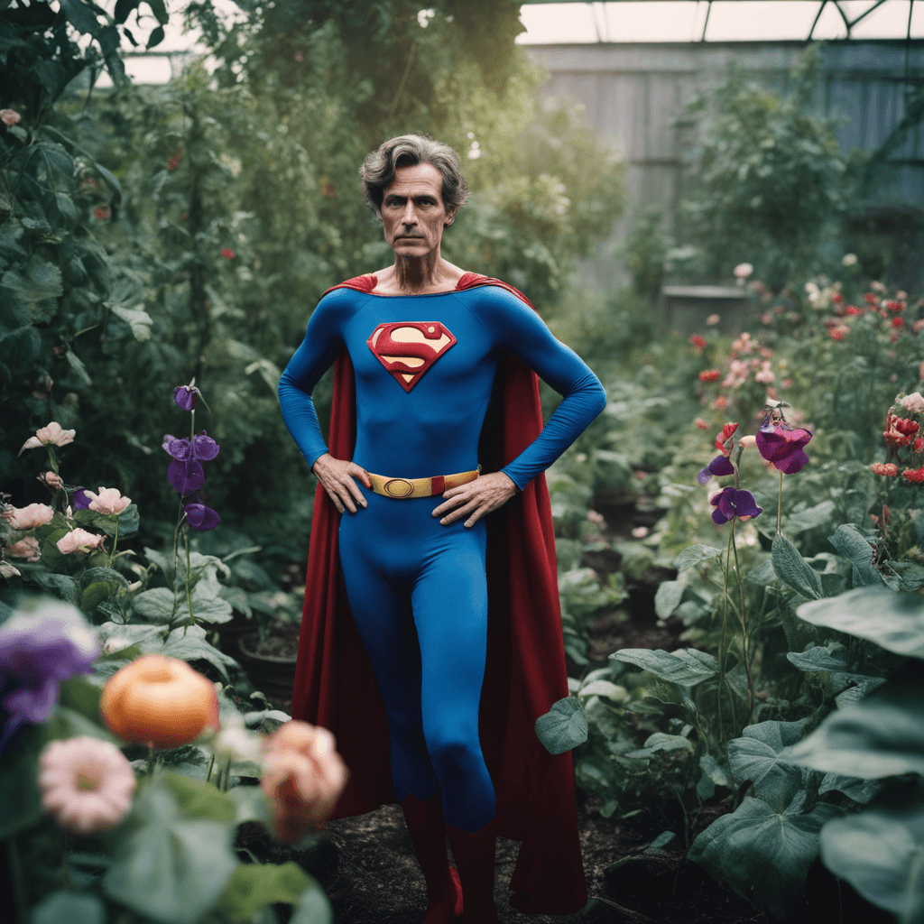 AI generated: RAW studio color photo of 

an extremely scrawny starving Superman wearing a vintage loose and bag...