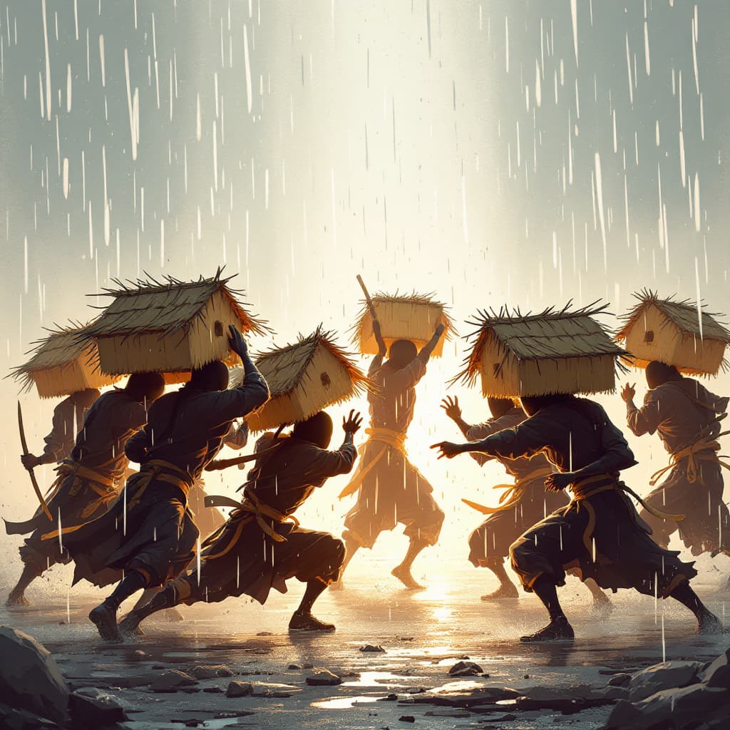 AI generated: Ten ninja fighting under the rain with the huts on the back of their heads 