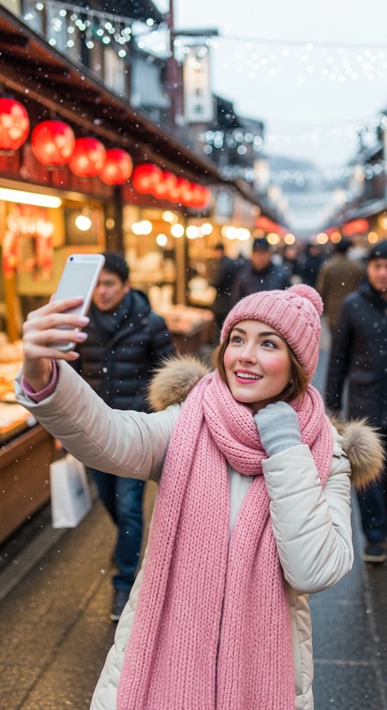 AI generated: A beautiful lady in Japan is taking a selfie with her winter outfit on 