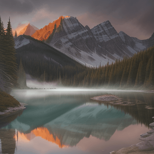 AI generated: Emerald Lake::0.3 fairy pools::0.5 archival fine-art print of a misty sunset alpine landscape photog...