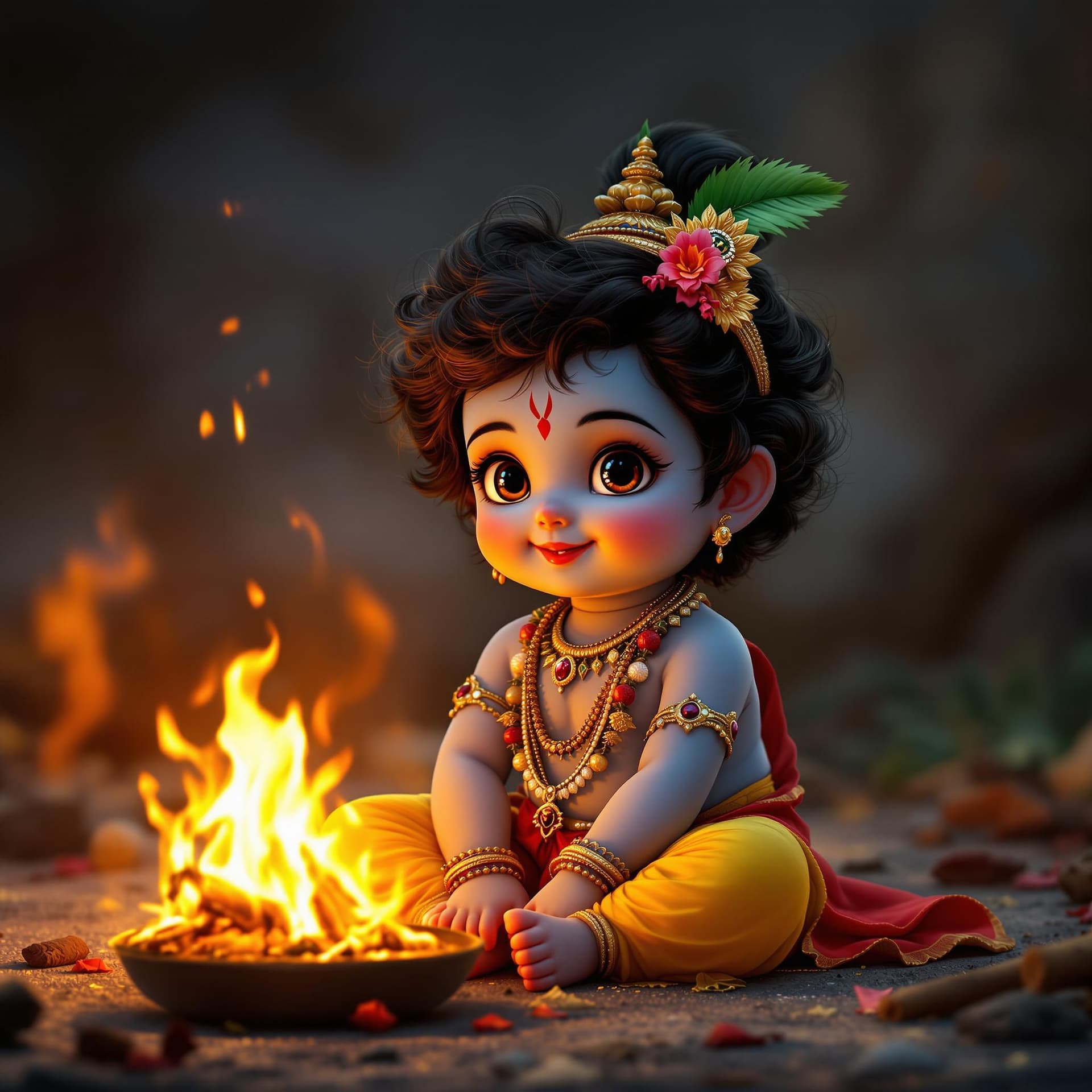AI generated: Arafed image of a cute little Krishna sitting in front of a fire