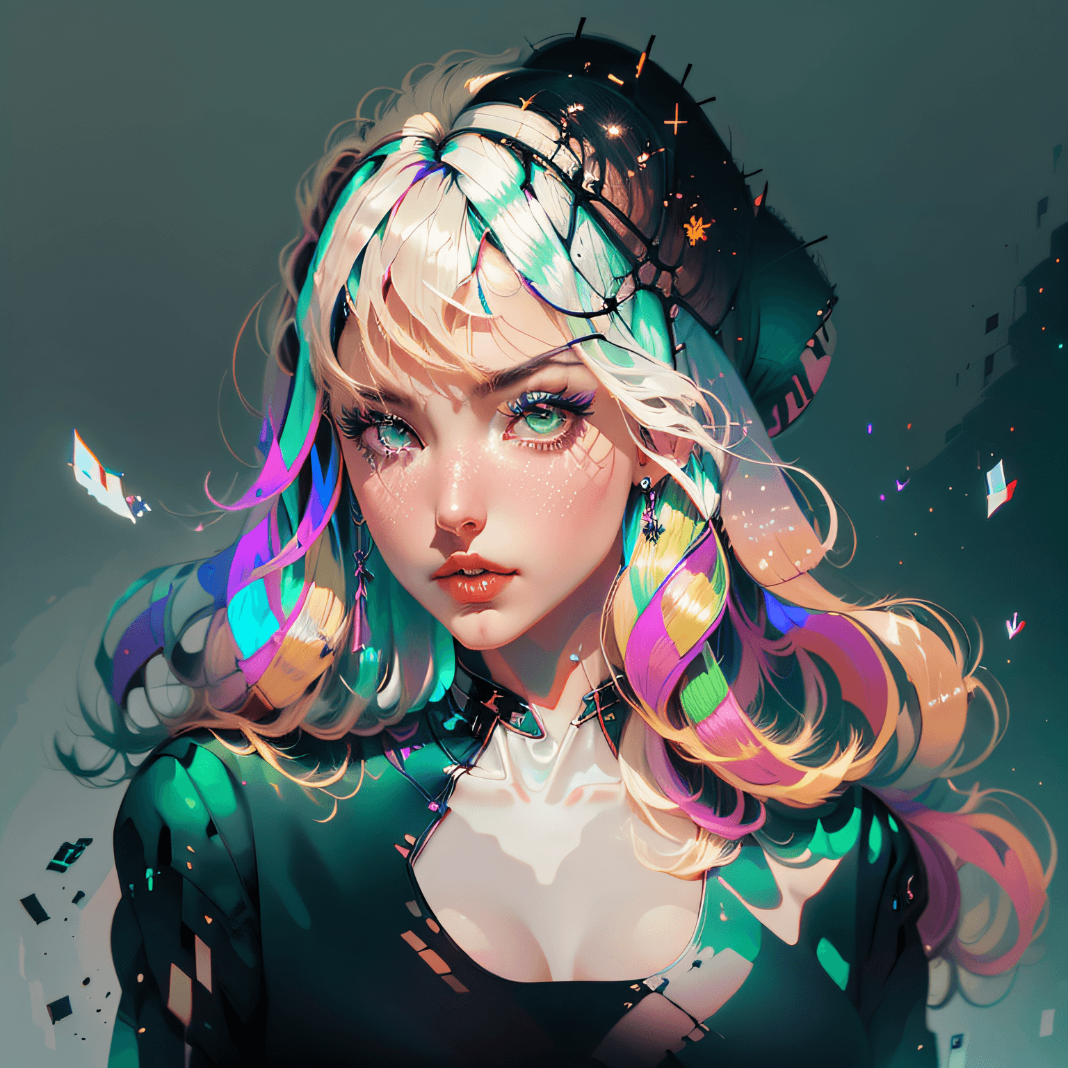 AI generated: beautiful woman with blonde hair and green eyes, iridescent hair