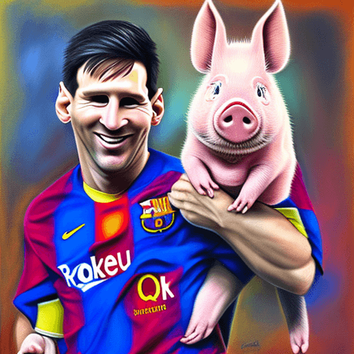 AI generated: lionel Messi smiling with one pig, portrait, (1.1), painting_(middle), oil_painting_(middle), chalky...